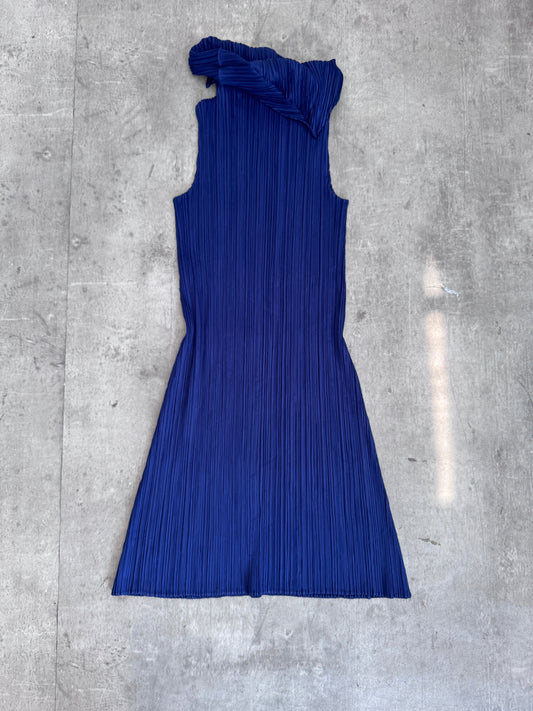 Issey Miyaki Asymmetric Crepe Pleated Navy Mini Dress