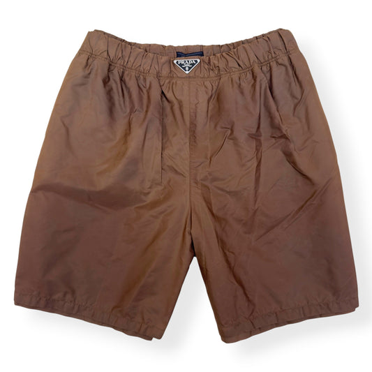 PRADA RE-NYLON LOGO PLAQUE SWIM SHORTS BROWN 54 / L | Large, Brown