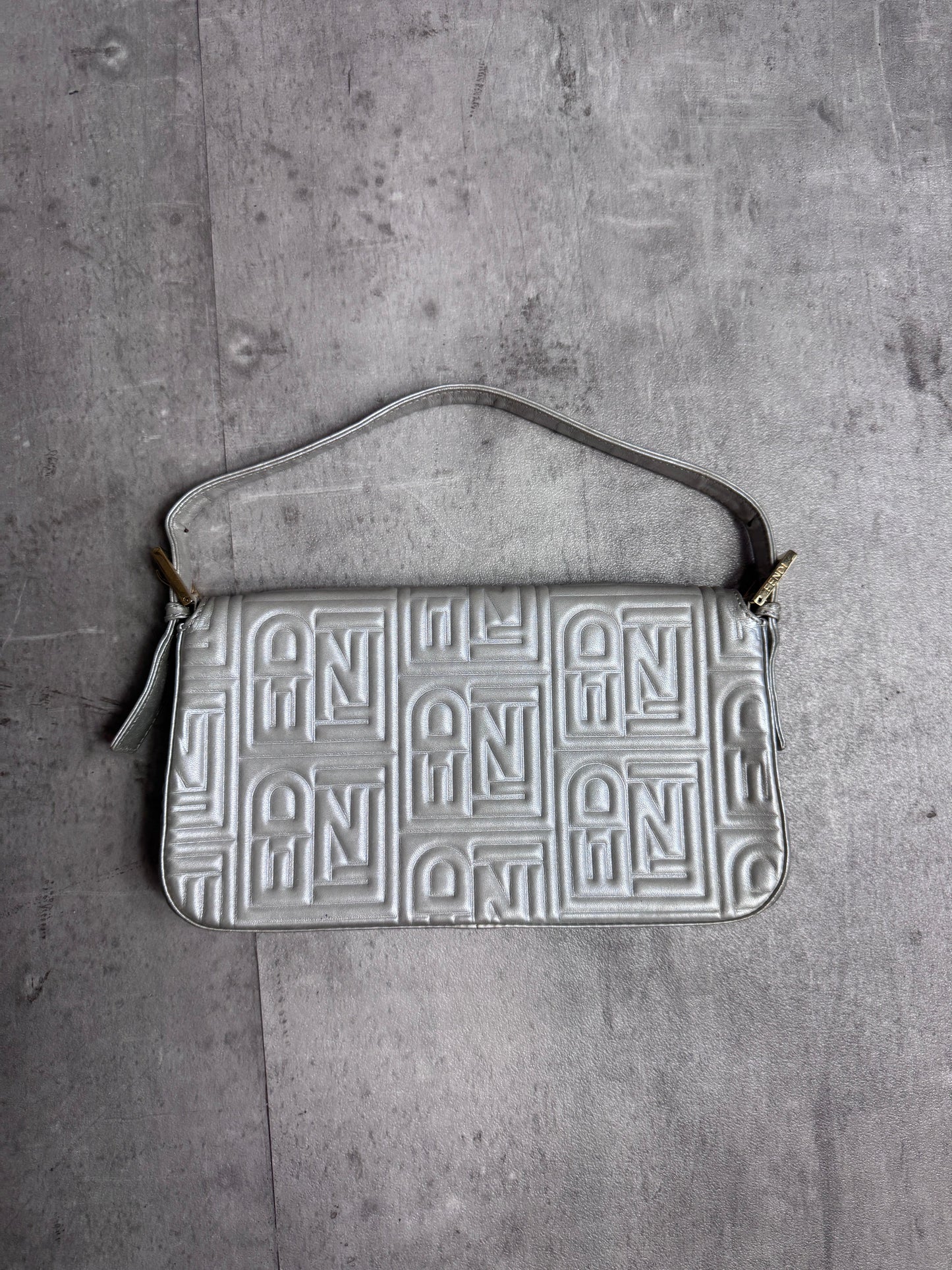 Fendi Logo Embossed Nappa Leather Silver Baguette Bag
