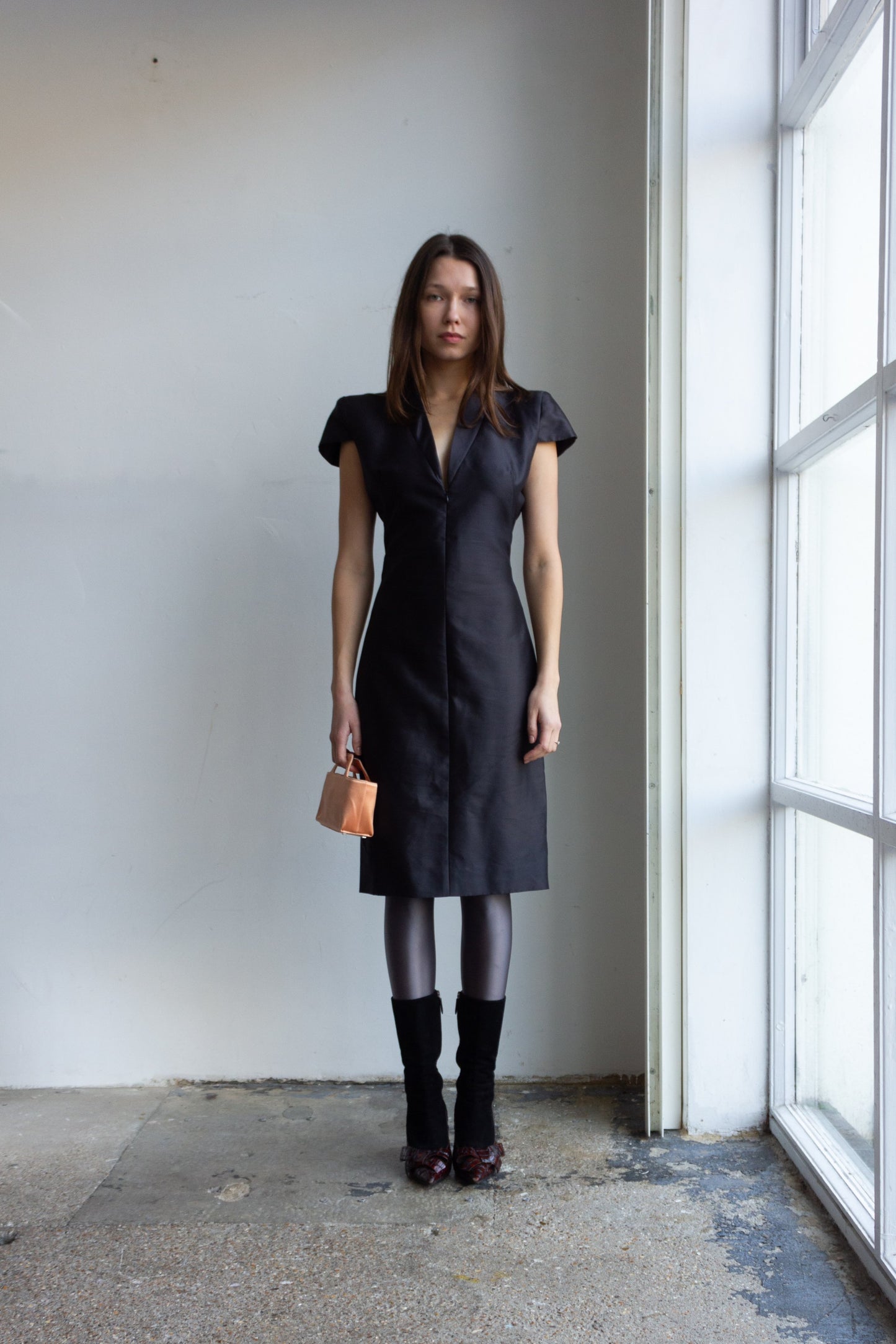 Alexander McQueen black silk dress with constructed shoulders