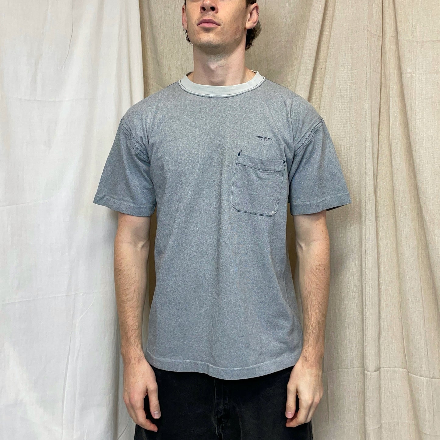 Stone Island Grey Blue 80s Marina Chest Spellout Tee | Large, Multicoloured