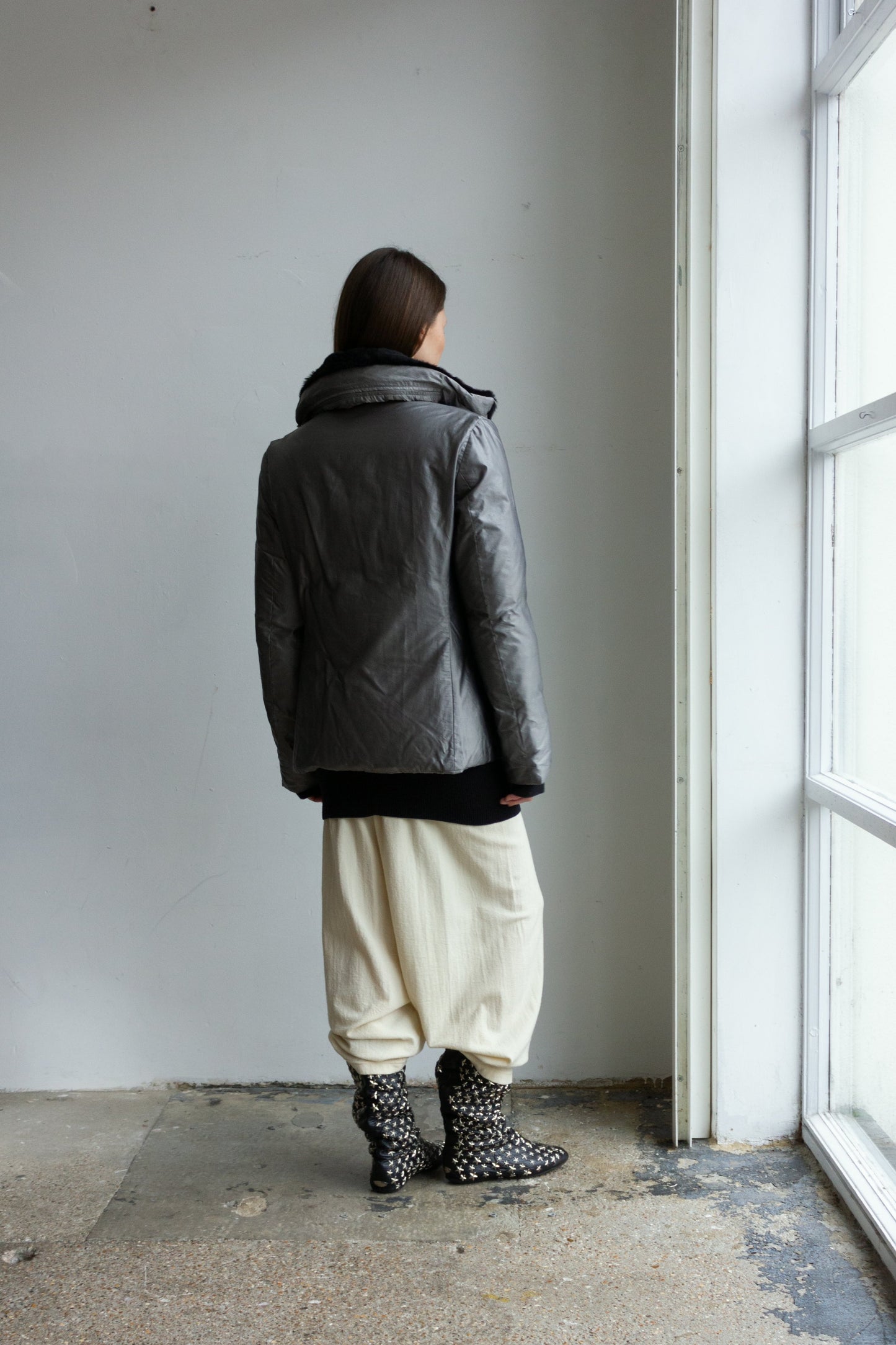 Jil Sander silver rabbit fur hooded jacket