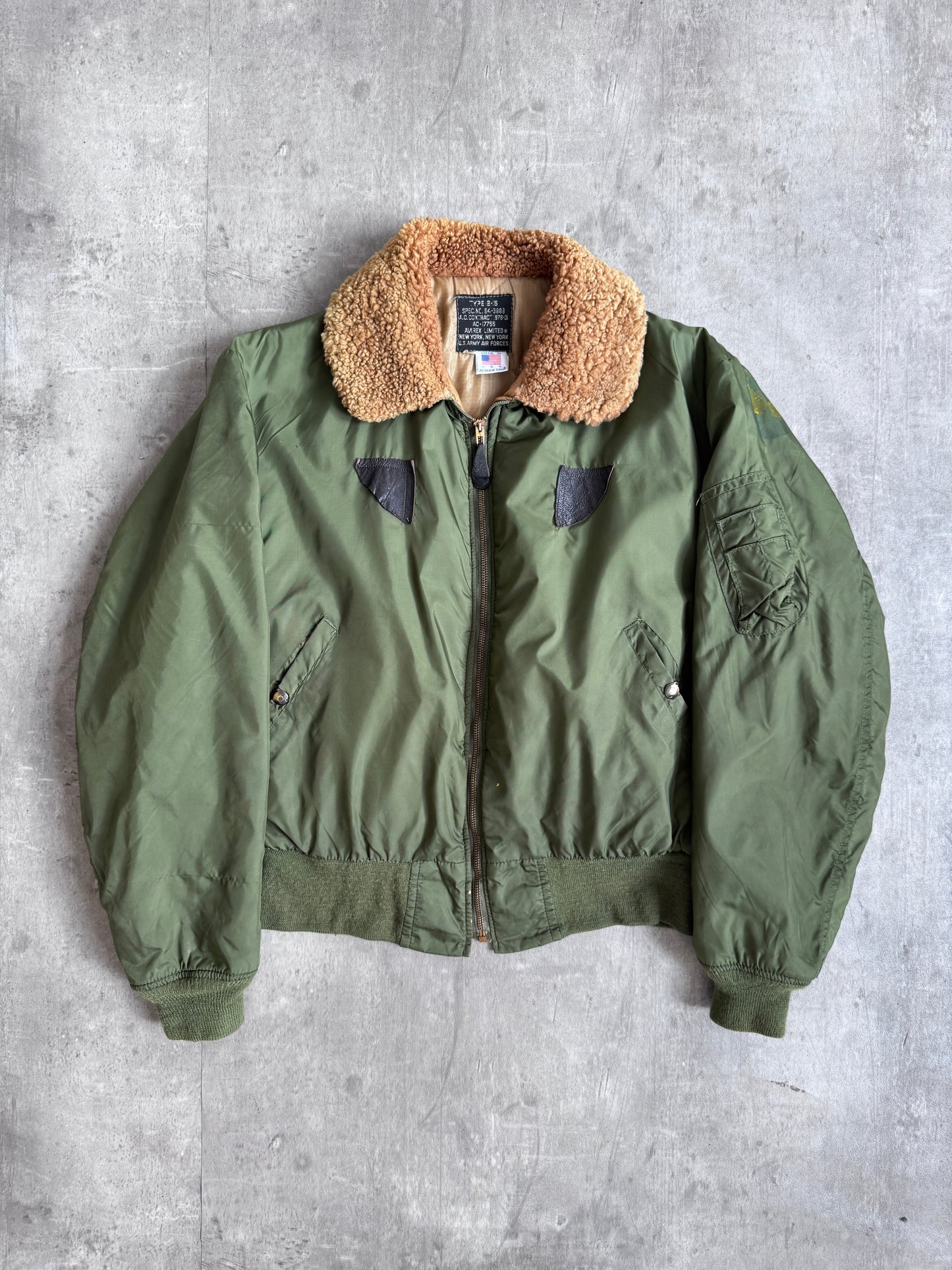 1980's Avirex B-15 Boucle Collar Khaki Military Flight Bomber Jacket
