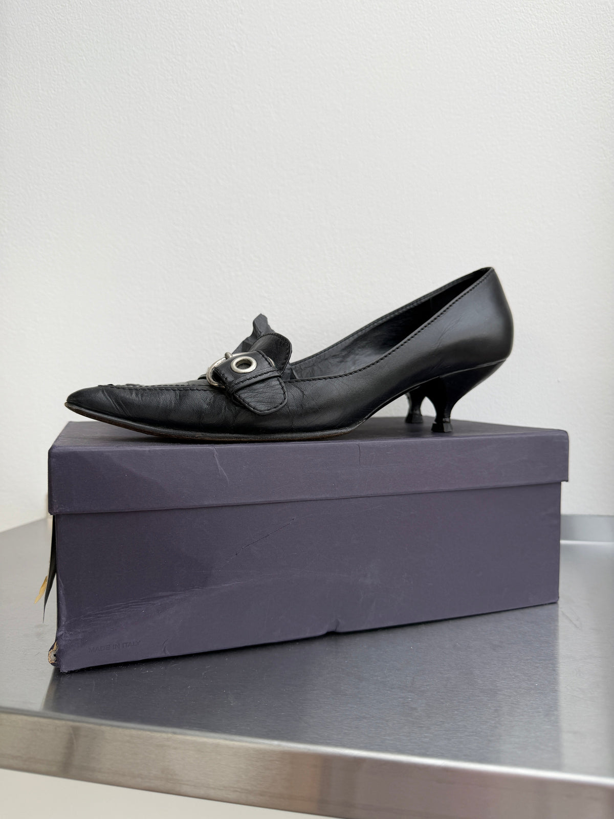 Prada Leather Buckle Kitten Heels | LARGE, Red
