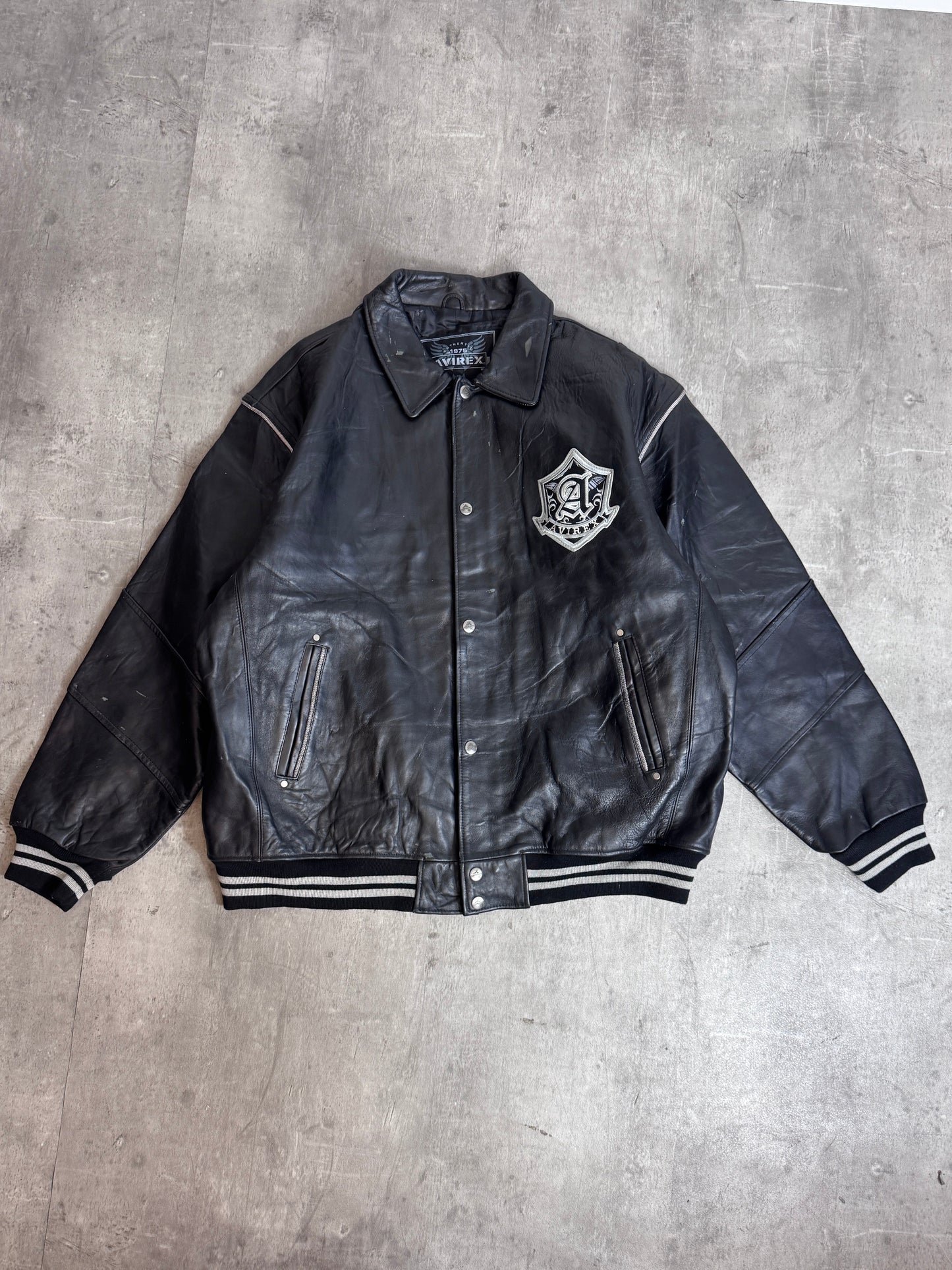 Avirex "75" Black Leather Diagonal Spellout Jacket