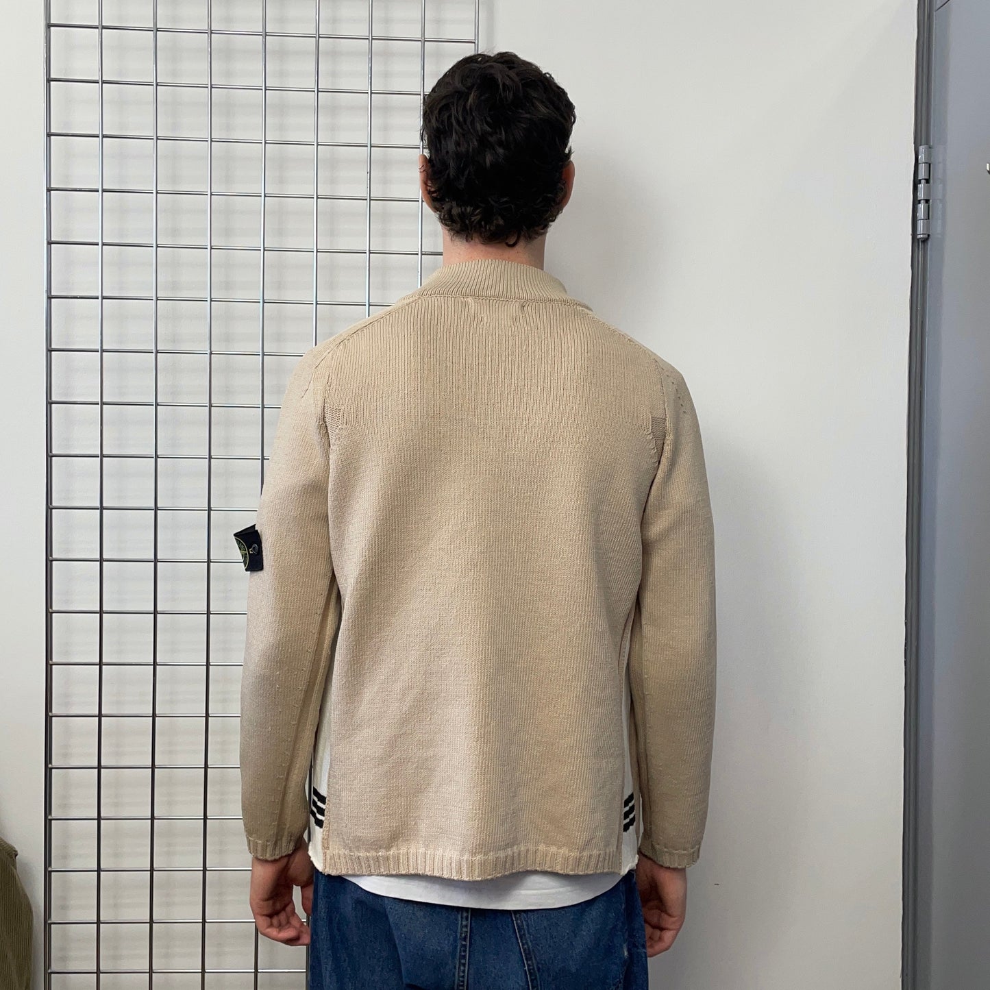 Stone Island Beige & White SS03 Knit Zip-Through Cardigan Jacket | Large, Multicoloured