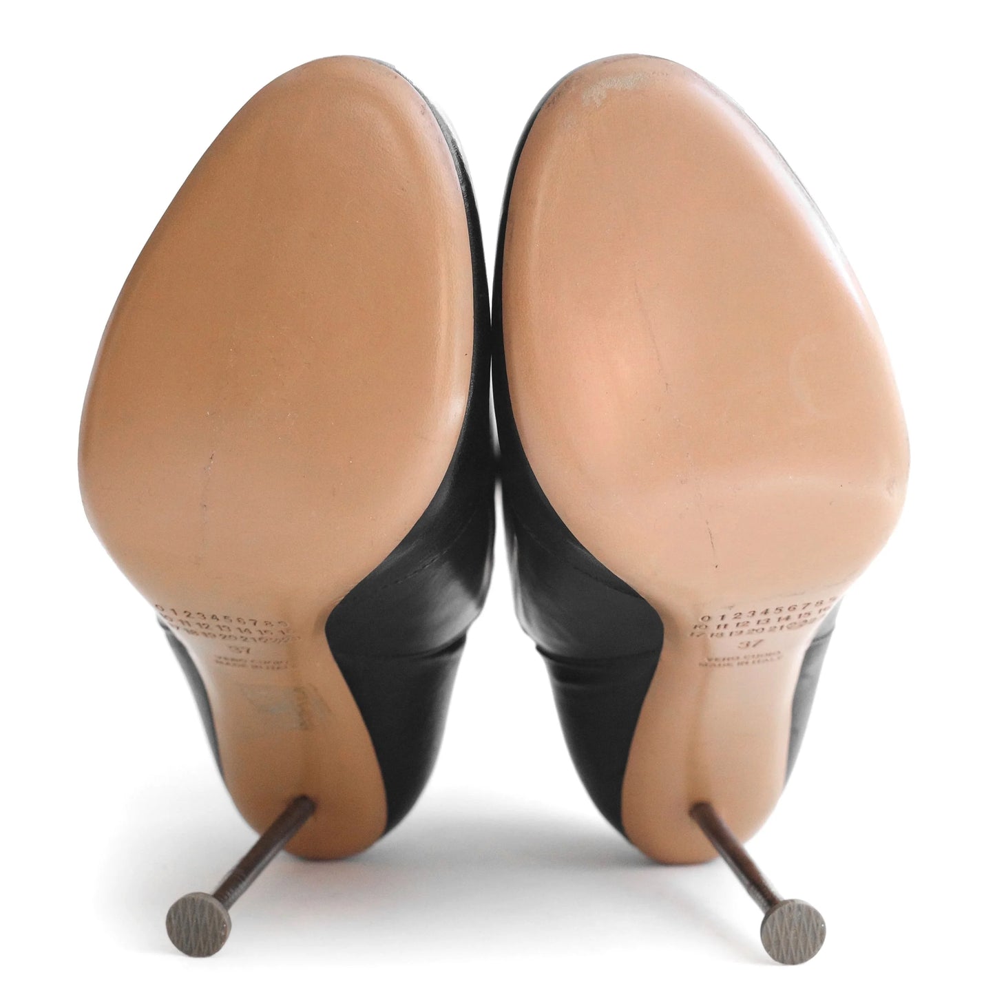 Maison Martin Margiela FW 2008 leather ankle boots with nail stiletto heels and round toe. Size EU 37 / UK 4. Available at Artefact Archive.