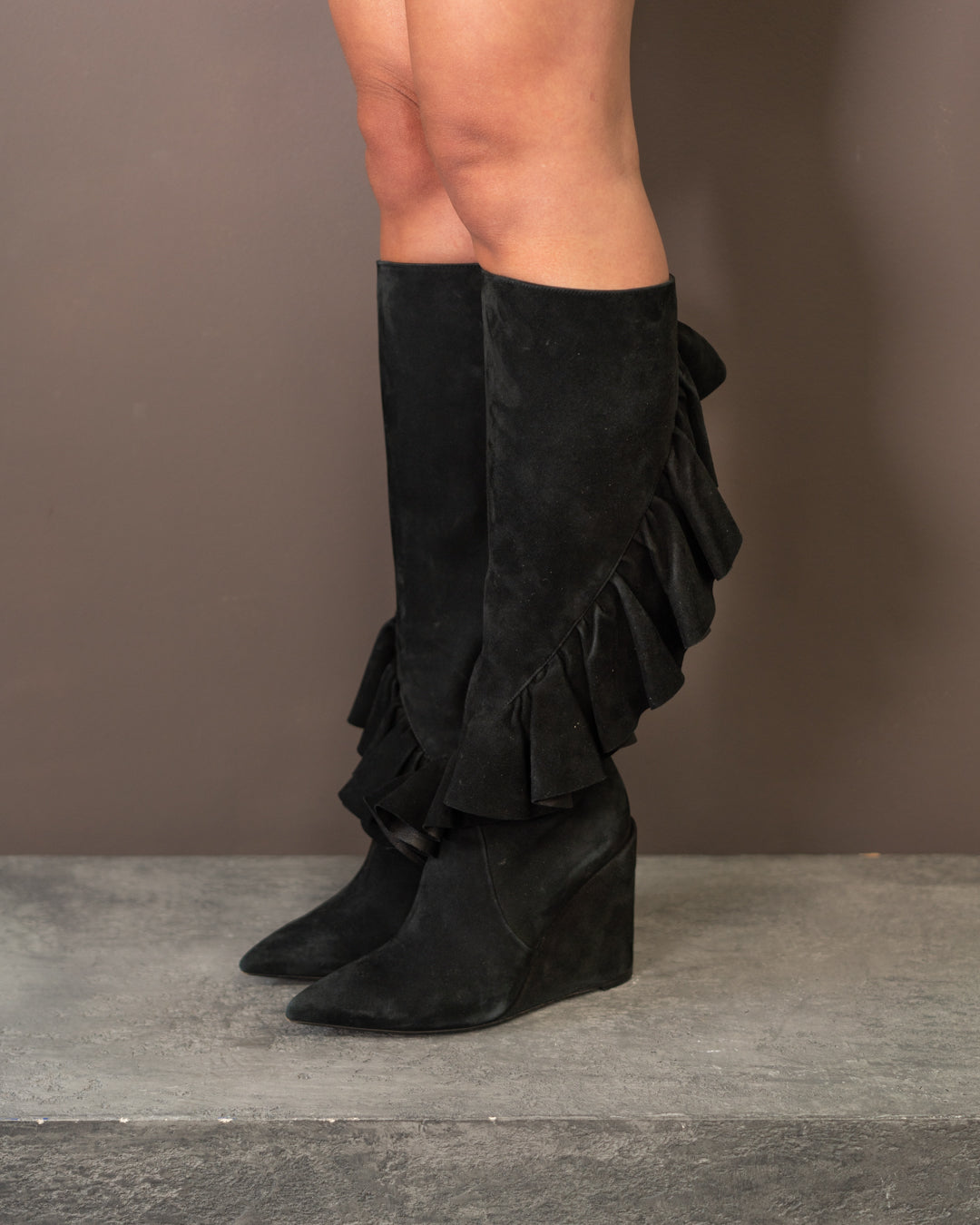 JW ANDERSON RUFFLE KNEE HIGH SUEDE BOOTS (EU 37) | DEFAULT TITLE, Black