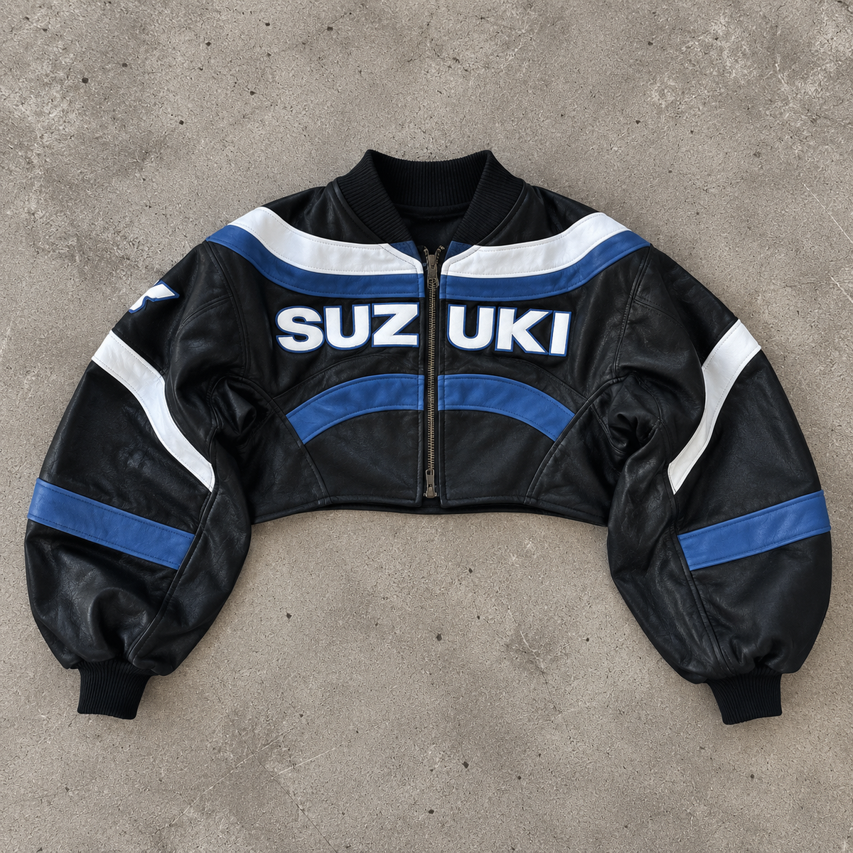 VT Rework : Custom Order - Balloon Sleeve Cropped Leather Racing Jacket | Sage