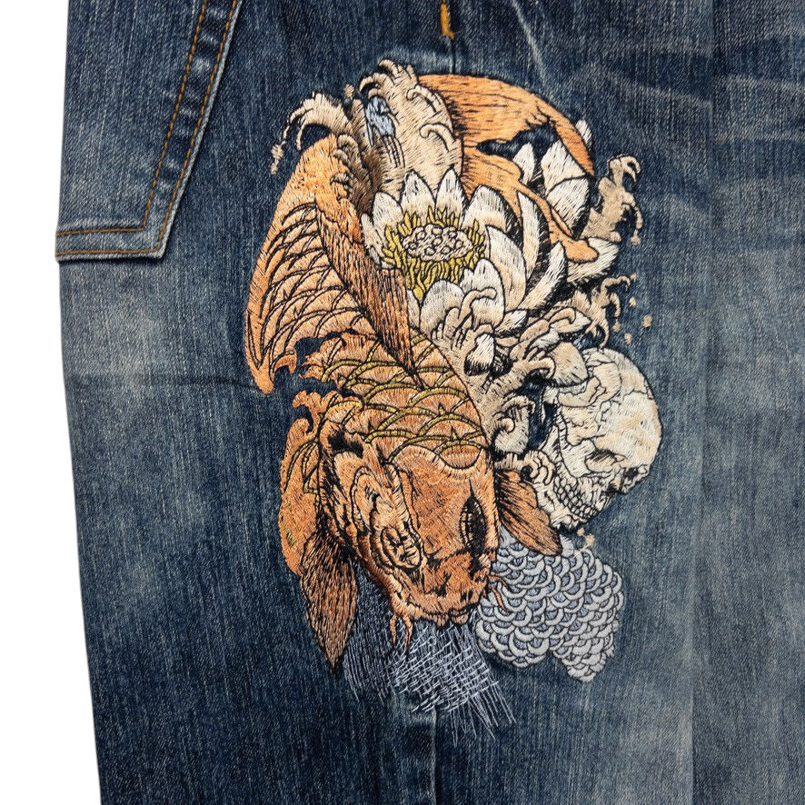 Vintage Big Train Embroidered Koi Fish Japanese Denim Jeans Size W36