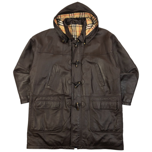 Vintage 90s Burberry Nova Check Lined Leather Duffle Jacket Size XL | O/S, Brown