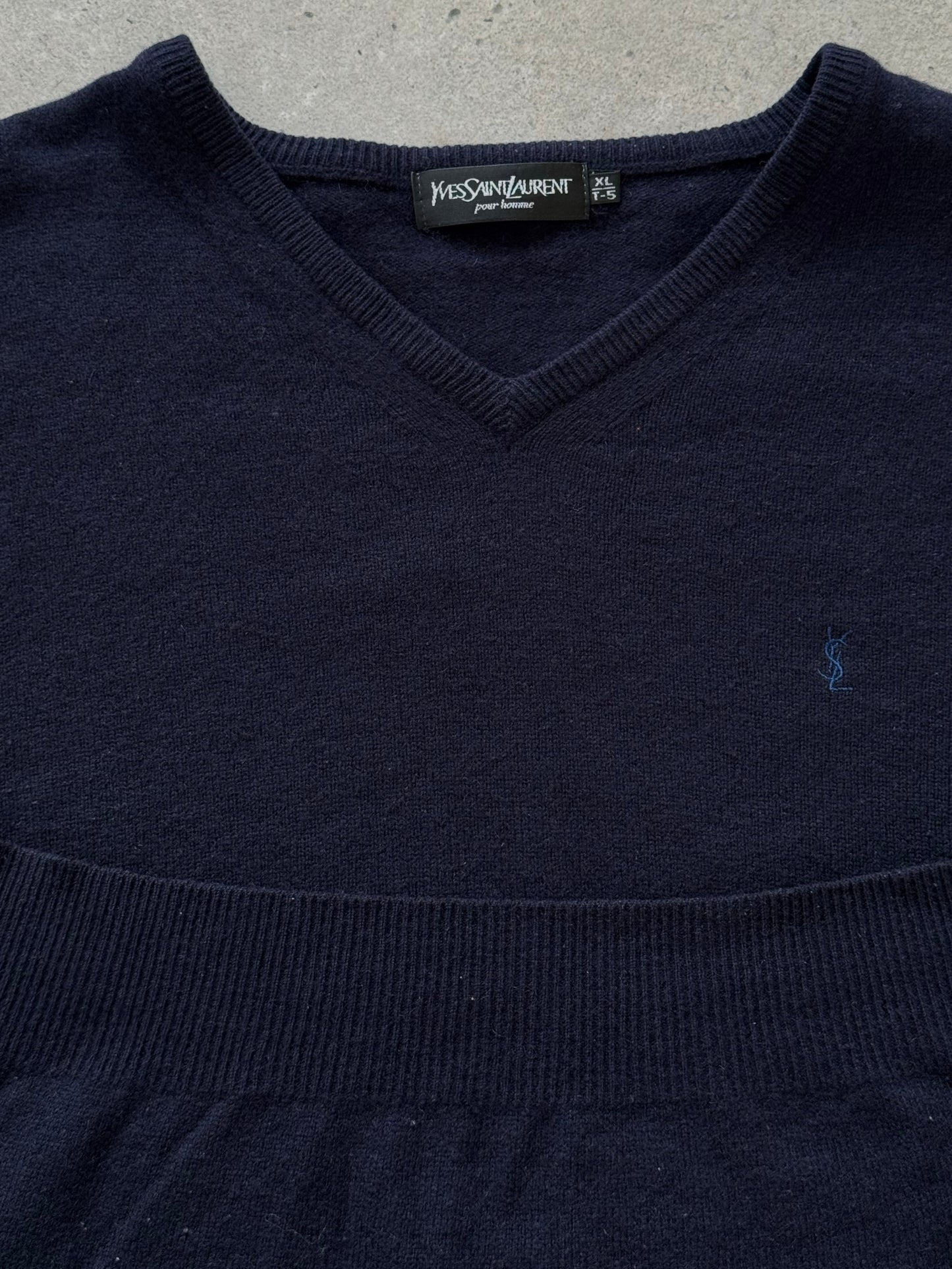 Yves Saint Laurent Pour Homme 1990s wool V-neck jumper in size L, navy blue sweater with ribbed collar and cuffs.