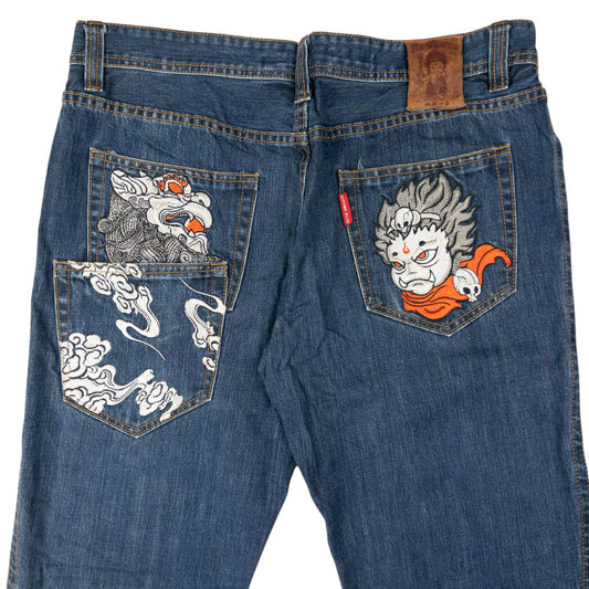 Vintage Jizo Bosatsu Embroidered Troll Japanese Denim Jeans Size W35