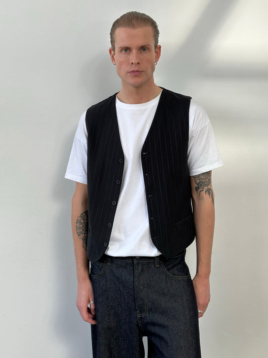 Vintage 1990s Striped Tailored Waistcoat - M