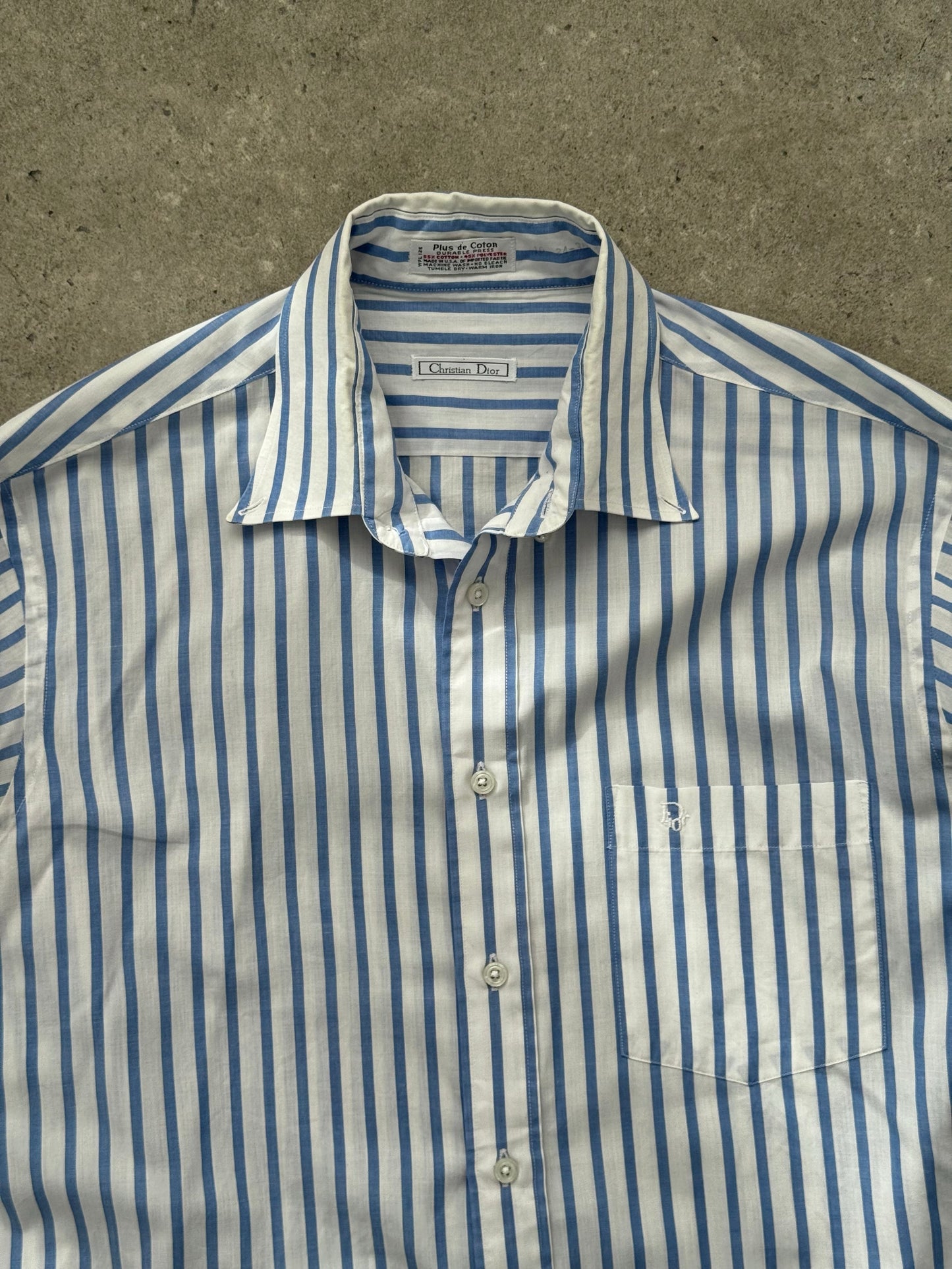 Christian Dior 1980s cotton striped logo shirt, men's size L, featuring classic Dior branding and colorful striped pattern.