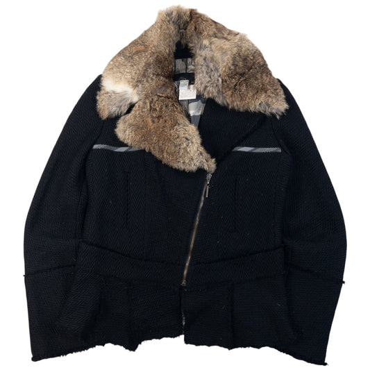 Vintage 2005 Cavalli Rabbit Fur Collar Asymmetrical Wool Jacket Womens Size L | Large, Black