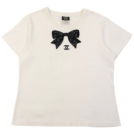 Vintage 2000s Chanel Uniform Sequin Bow T Shirt Womens Size M | Medium, Black