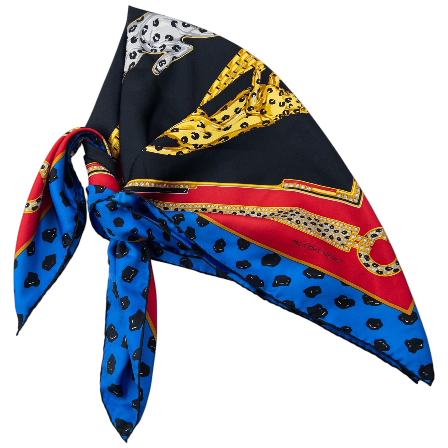 Vintage 90s Cartier Panther Print Silk Scarf | O/S, Black, Blue, Red, Yellow