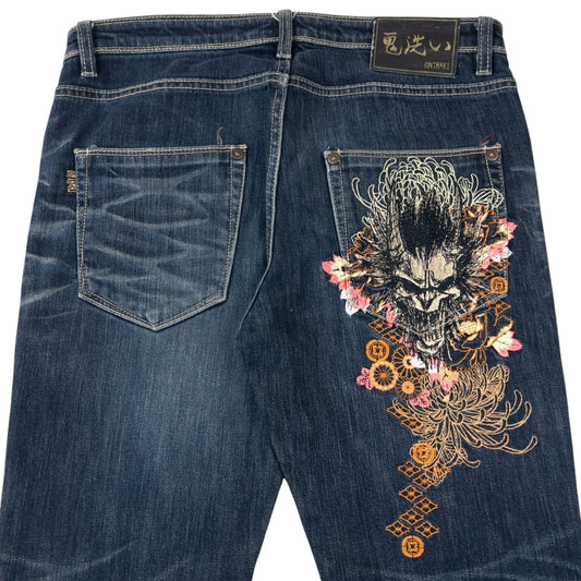 Vintage Oniarai Embroidered Floral Monster Japanese Denim Jeans Size W34 | W34, Navy