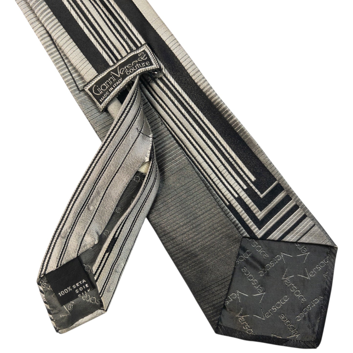 Vintage 90s Gianni Versace Geometric Silk Tie | O/S, Grey