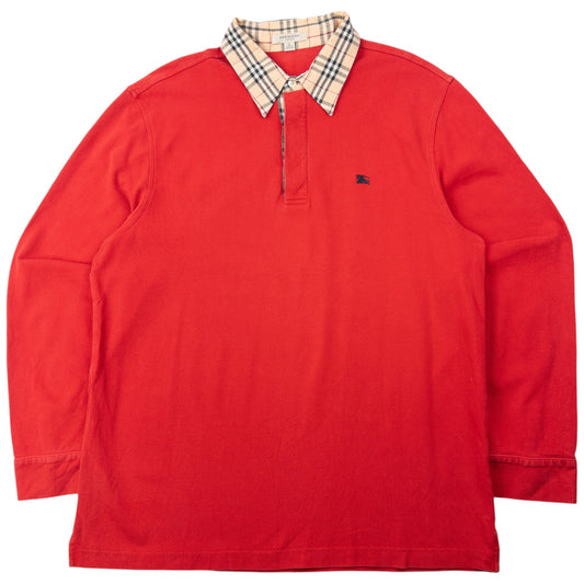 Vintage 2000s Burberry Nova Check Collar Long Sleeve Polo Shirt Size M | Medium, Red