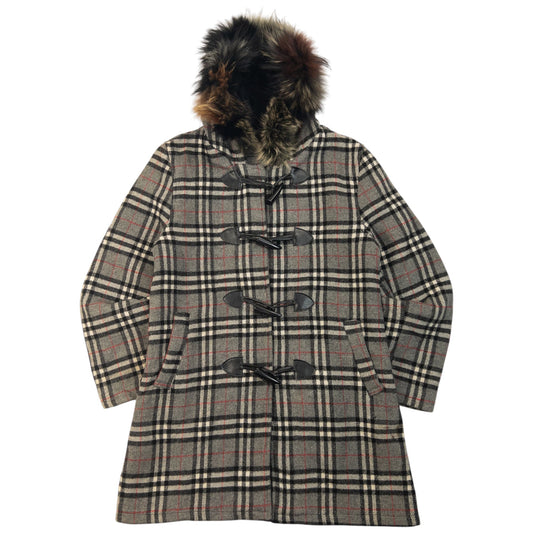 Vintage 90s Burberry Fur Hood Nova Check Wool Duffle Jacket Womens Size M | O/S, Grey
