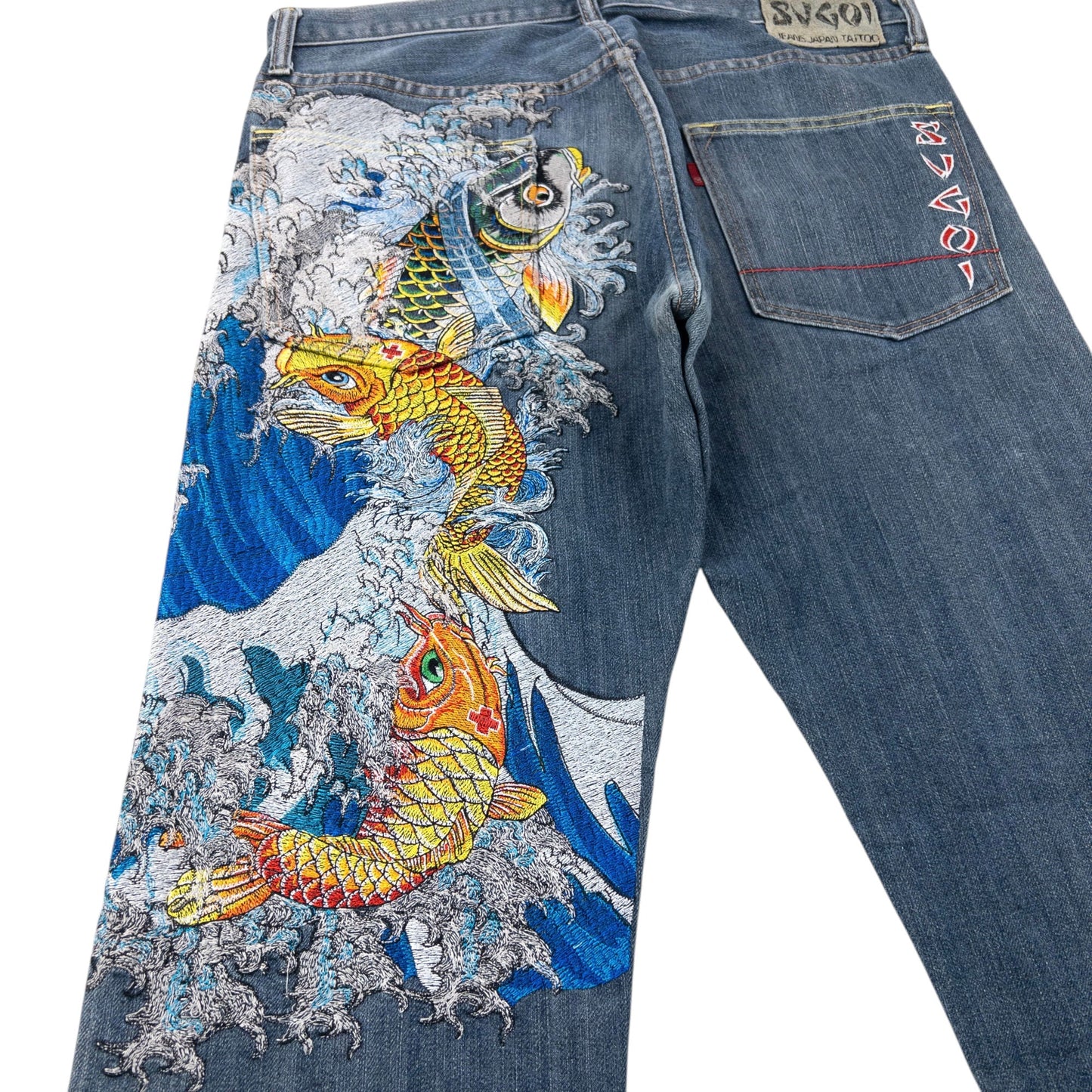 Vintage 2000s Sugoi Embroidered Koi Fish Japanese Denim Jeans Size W36