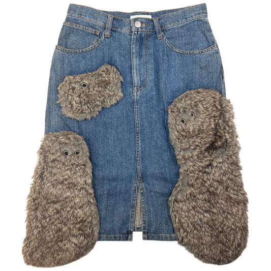 Vintage Ne-Net By Issey Miyake Fur Patch Denim Skirt Womens Size W28