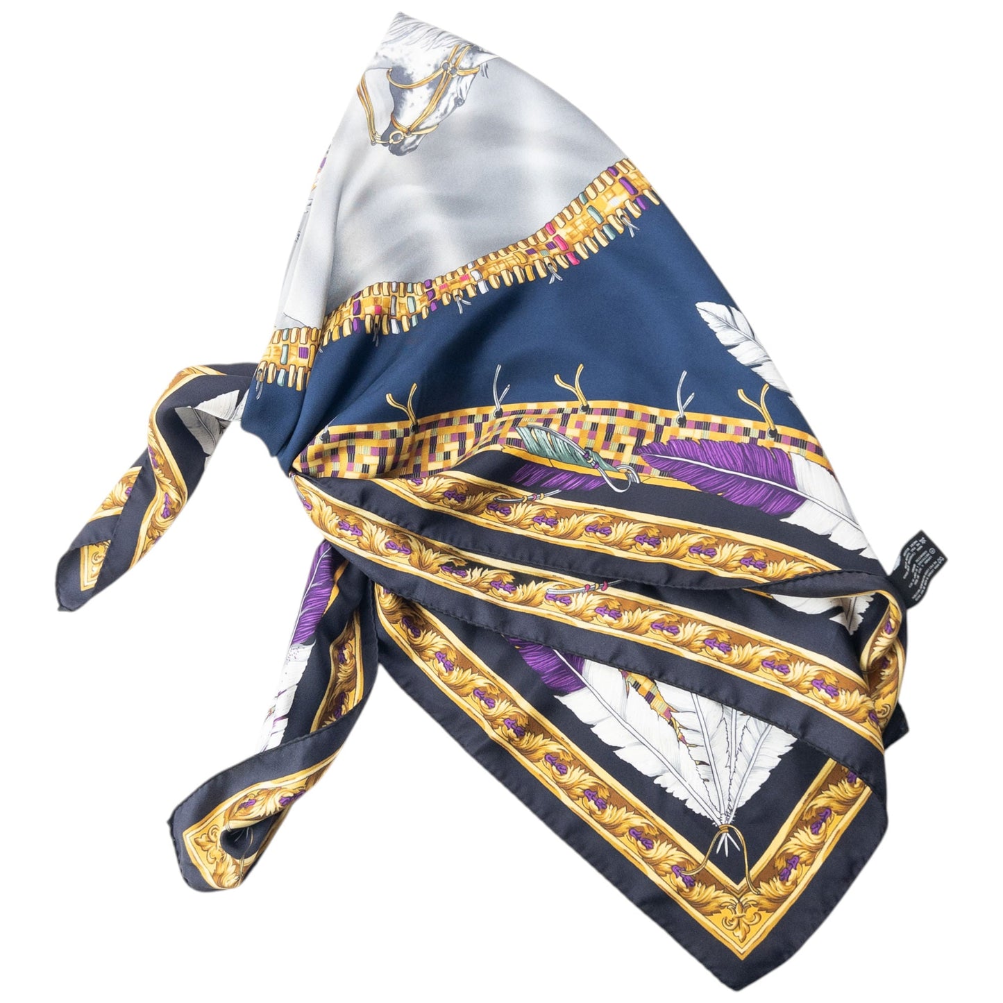 Versace Native American Print Silk Scarf | O/S, Navy Blue, Gold, Red, White, Yellow