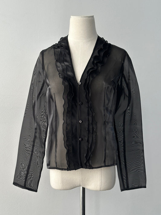 Vintage 1990s sheer ruffle shirt, women's size S, with delicate ruffle details and lightweight fabric, vintage fashion style