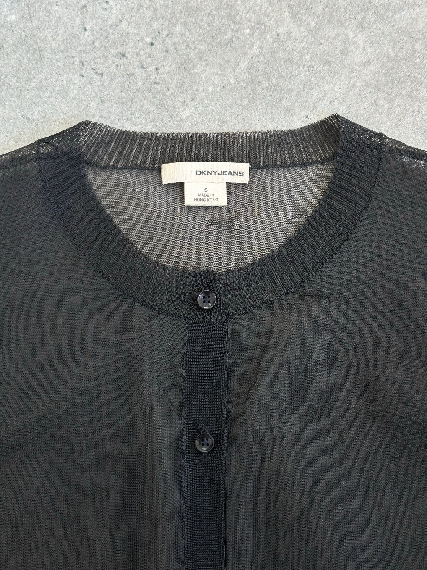 DKNY Jeans 1990s sheer knit cardigan in size small, featuring lightweight, transparent fabric with long sleeves and open front design.