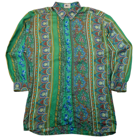 Vintage 90s Versace V2 Mosaic Paisley Print Long Sleeve Button Up Shirt Size S | Small, Green
