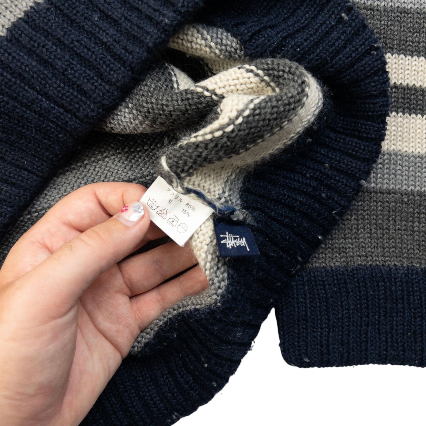 Vintage 2000s Stussy Striped Wool Knit Jumper Size M | Medium, Grey