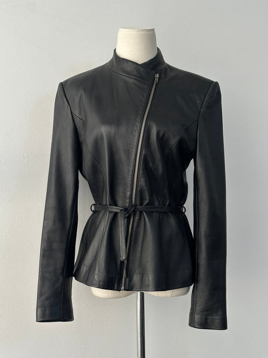Vintage 1990s asymmetric belted leather jacket in size small, featuring classic leather texture and retro style.