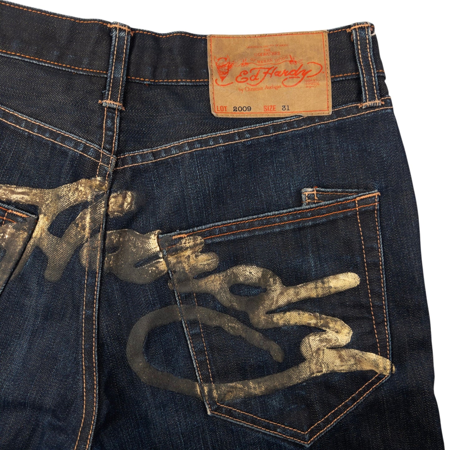 Vintage Ed Hardy Gold Paint Denim Jeans Size W32