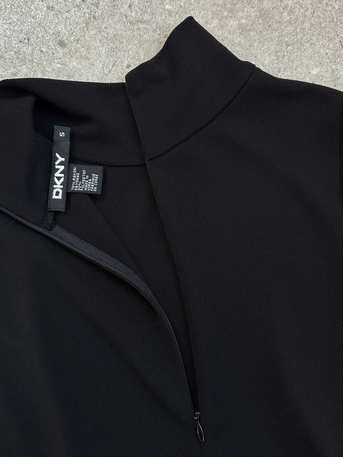 Donna Karan DKNY 1990s high neck asymmetric sleeveless dress in size S, showcasing a sleek, vintage-inspired design and modern elegance.