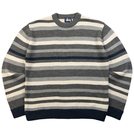Vintage 2000s Stussy Striped Wool Knit Jumper Size M | Medium, Grey