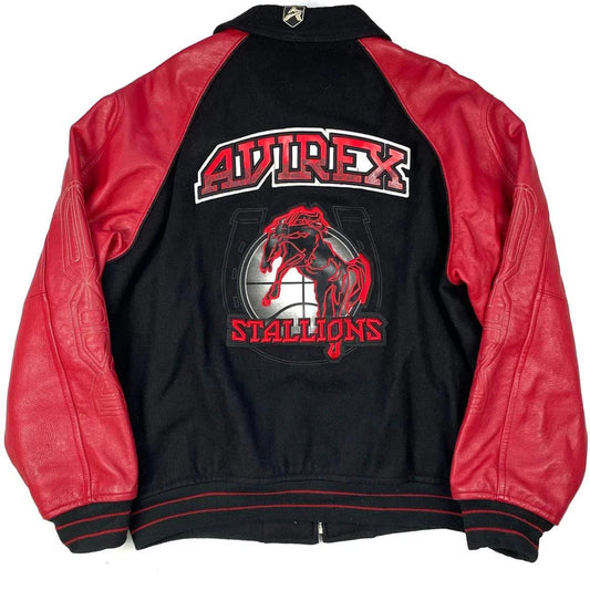 Avirex Stallions Wool & Leather Jacket In Black & Red ( XL )