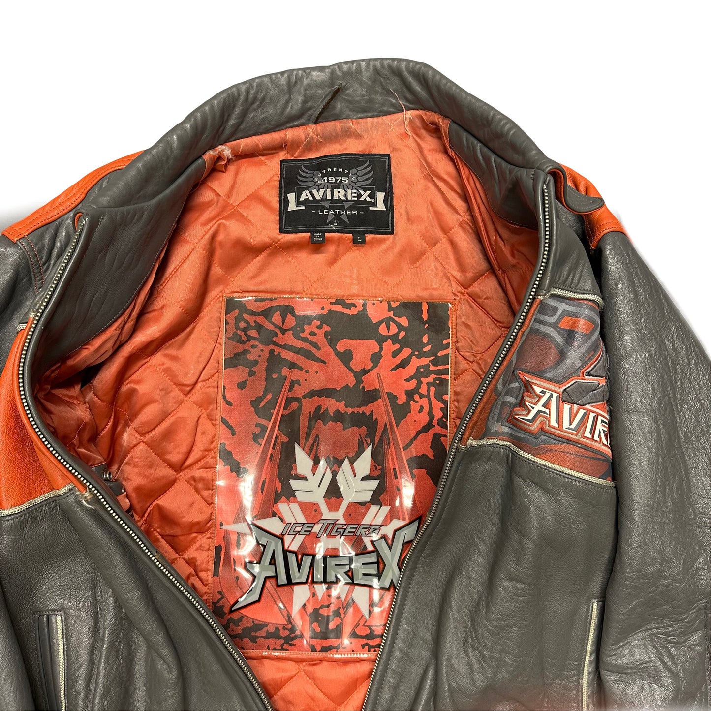 ARCHIVE Avirex Ice Tigers Leather Jacket In Grey & Orange ( L )