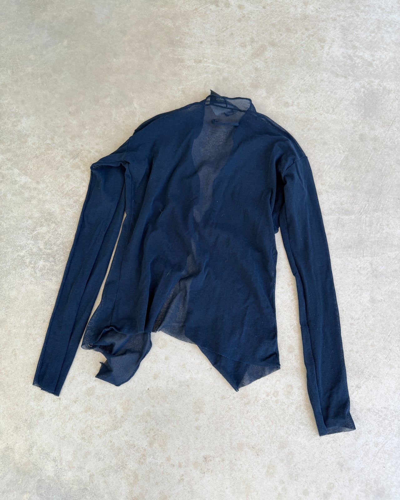 Jean Paul Gaultier Dark Blue Sheer Mesh Long Sleeve Cardigan Top – S-on a concrete background