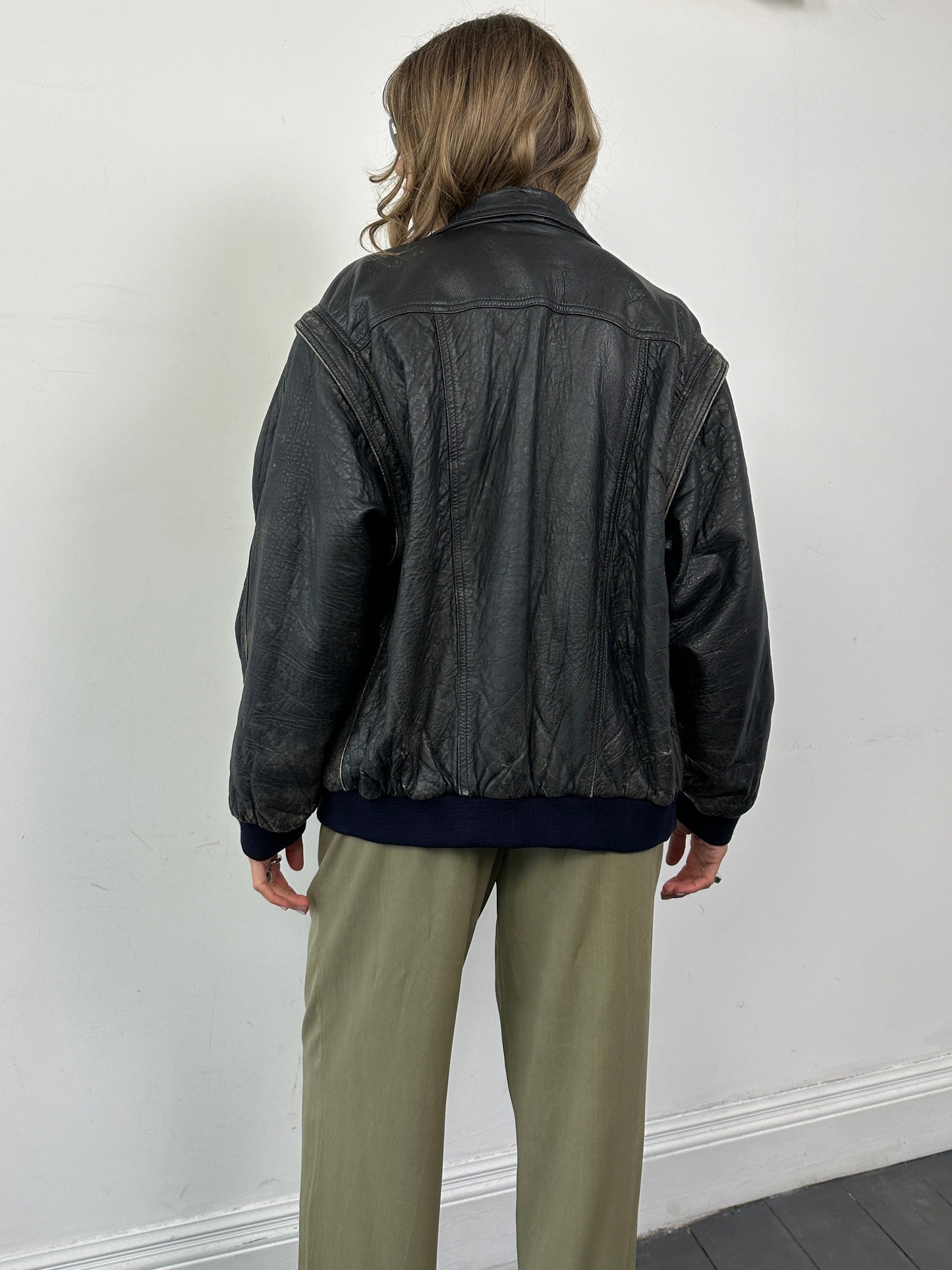 Vintage Distressed Leather Bomber Gilet Jacket - M/L