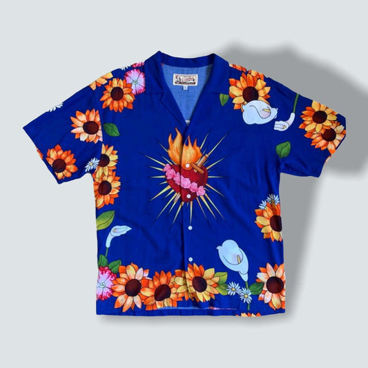 PLEASURES ‘Gangster’ Blue short sleeve shirt button up (L) - Known Source