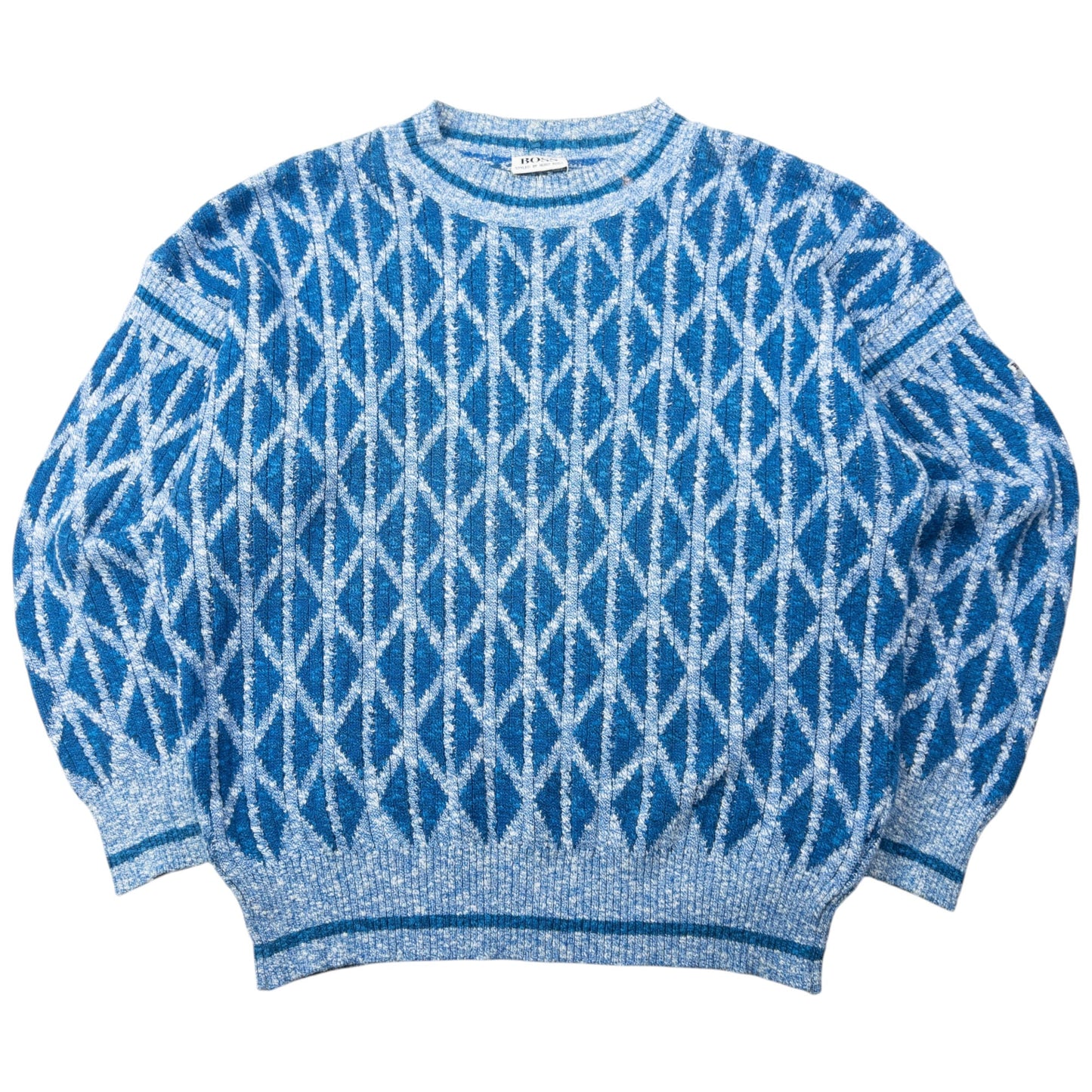 Vintage 80s Hugo Boss Pattern Knit Jumper Size L | Large, Blue