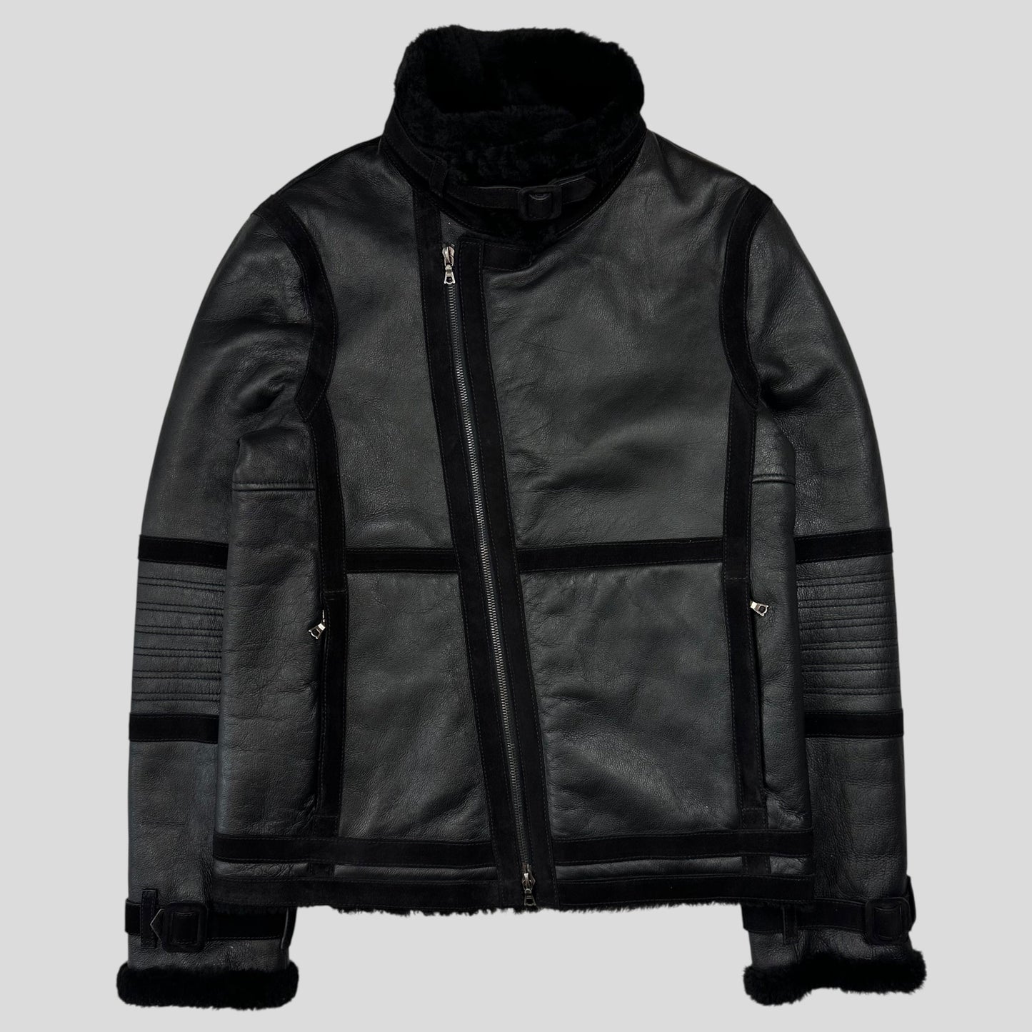 Neil Barrett Leather Lambskin Shearling Asymetrical Biker Jacket - S