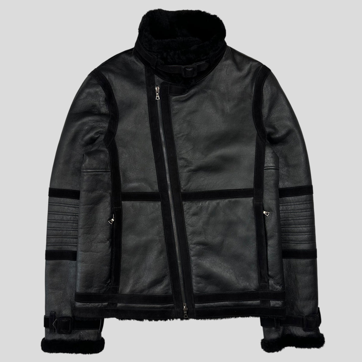 Neil Barrett Leather Lambskin Shearling Asymetrical Biker Jacket - S | Black
