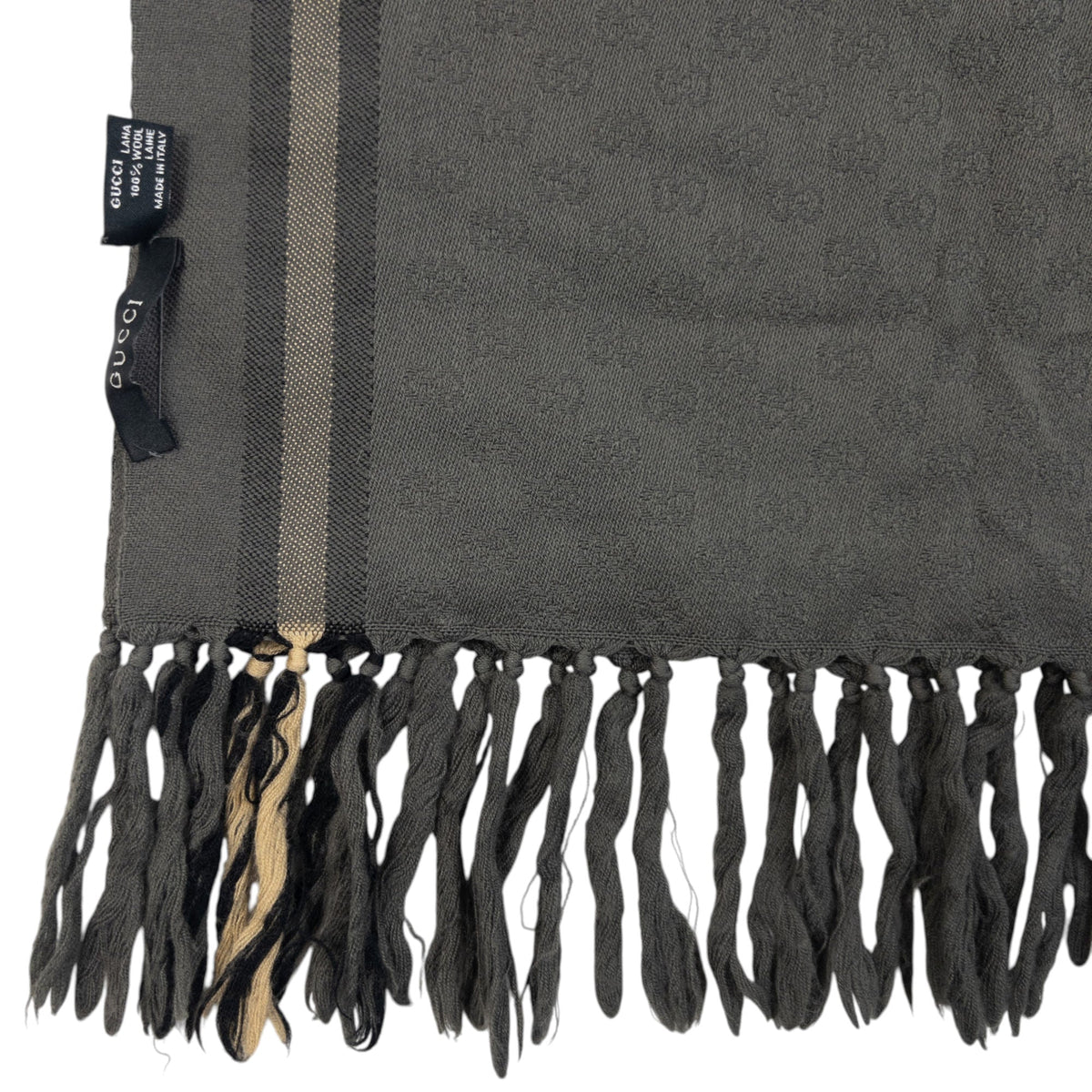 Vintage 2000s Gucci Monogram Wool Tassel Scarf | O/S, Grey