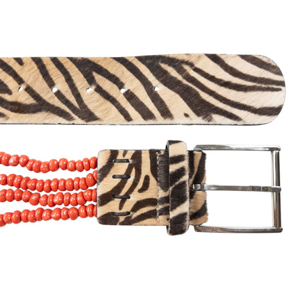 Vintage 90s Gianni Versace Beaded Zebra Striped Pony Hair Belt Size S | O/S, Tan, Black, Red