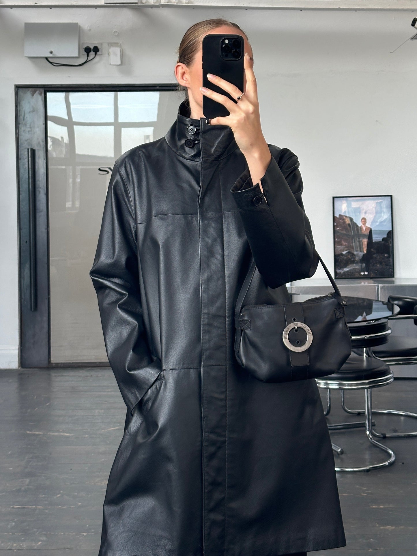 Vintage 2000s High Neck Leather Trench Coat - M