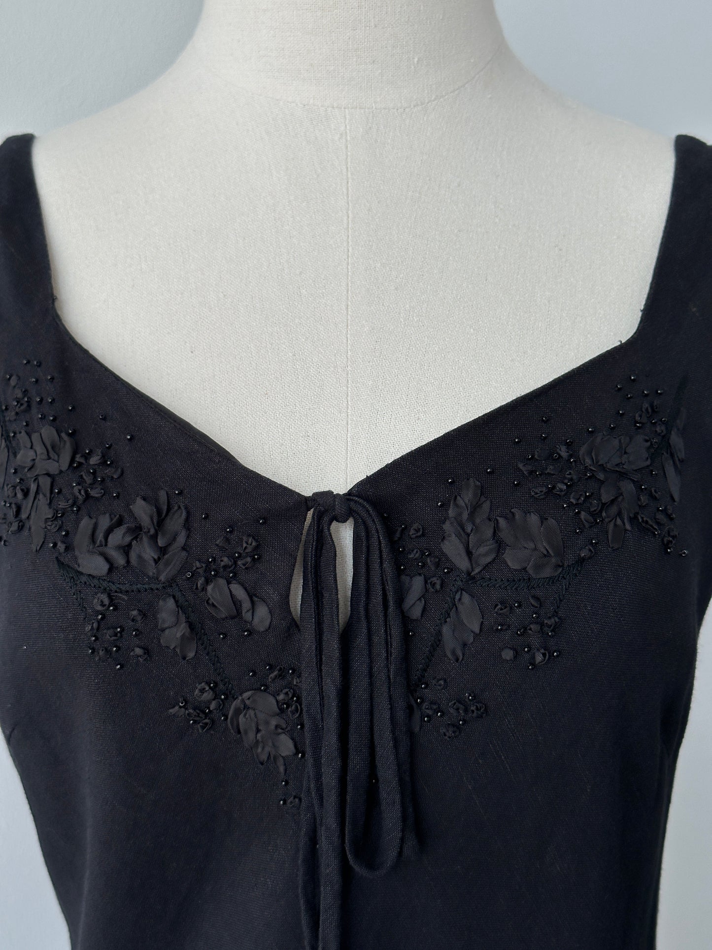 Vintage 1990s Linen Beaded Floor Length Dress - S