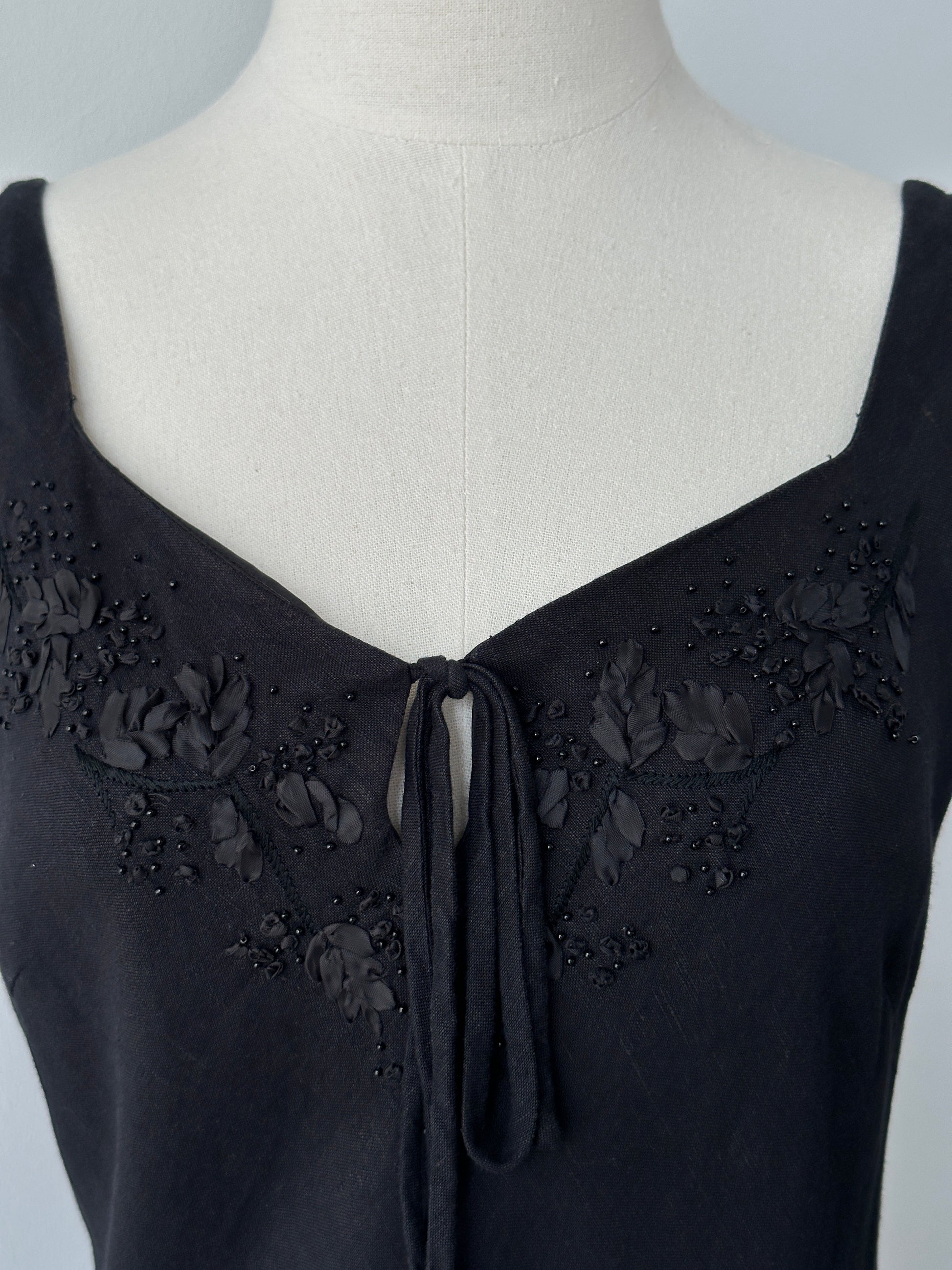 Vintage 1990s Linen Beaded Floor Length Dress - S